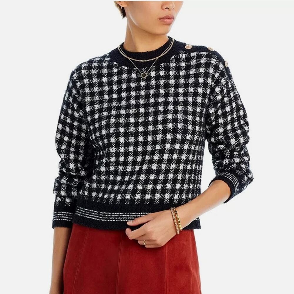 Aqua Black and White Checkered Gold Button Trim Sweater